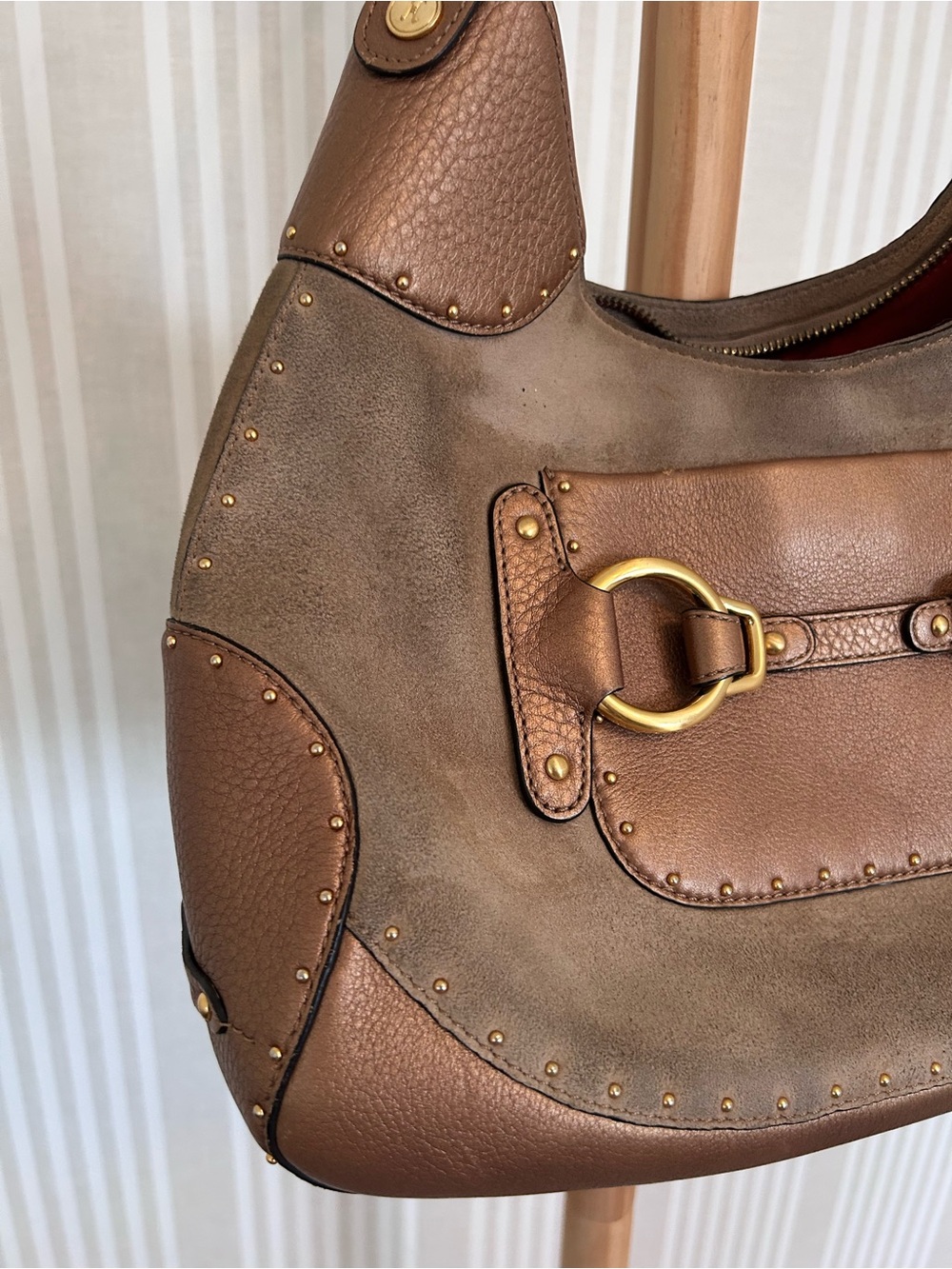 COLE HAAN STEPHANIE SUEDE bronze studded leather horsebit hobo equastrian bag - Picture 9 of 11